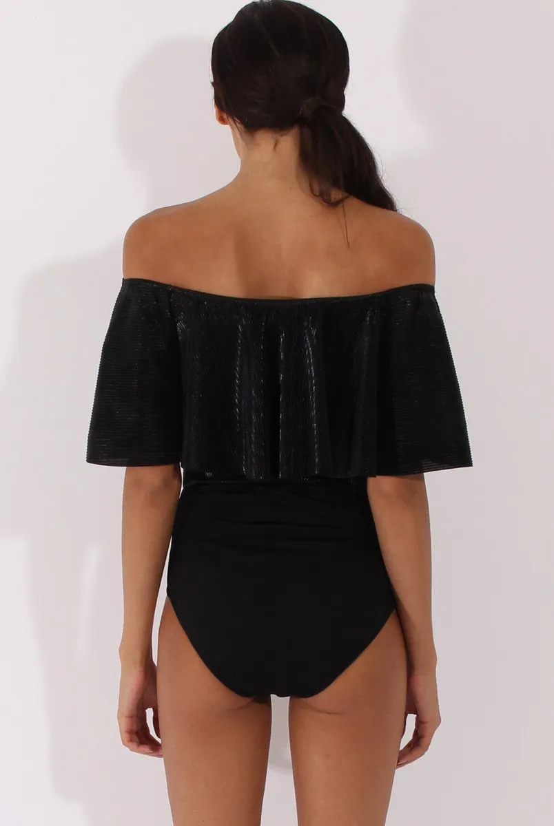 Black Metallic Pleated Bardot Bodysuit - Aubree