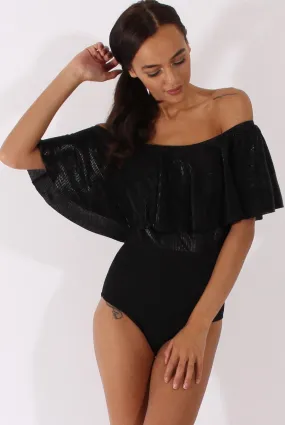 Black Metallic Pleated Bardot Bodysuit - Aubree