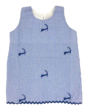 Blue Gingham Check Seersucker Girls Dress with Navy Cape Cods