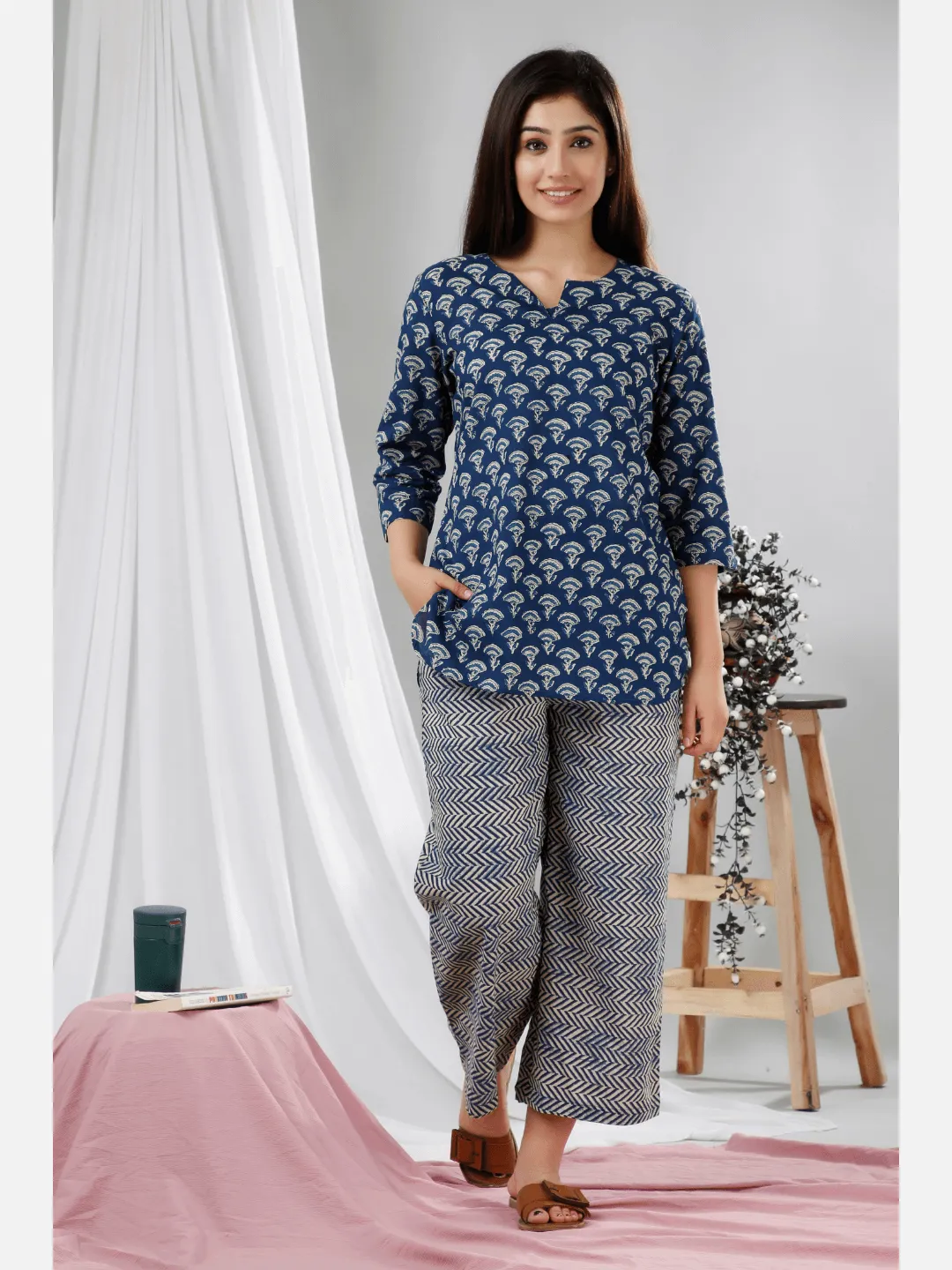 Blue Hand Block Printed Pure Cotton Lounge Wear