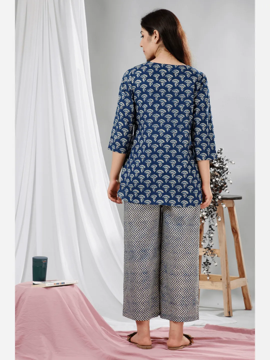 Blue Hand Block Printed Pure Cotton Lounge Wear