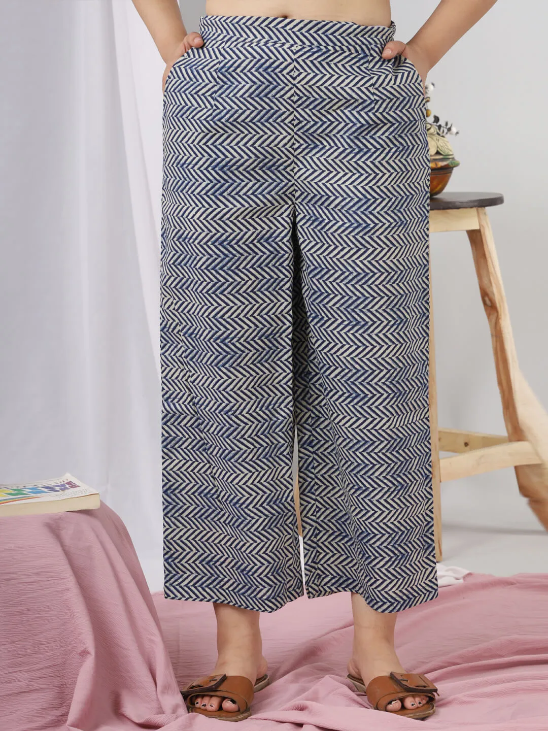 Blue Hand Block Printed Pure Cotton Lounge Wear