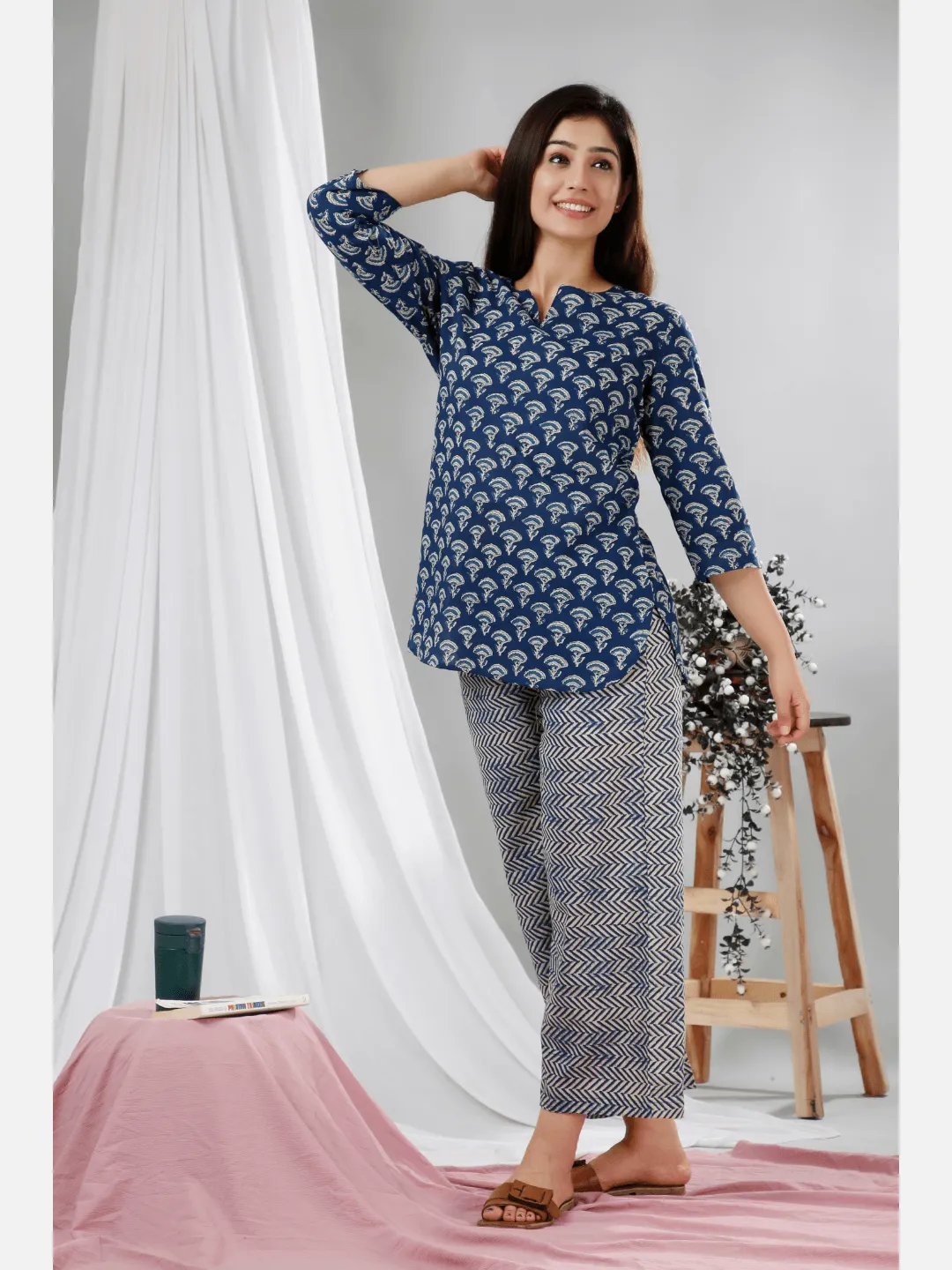 Blue Hand Block Printed Pure Cotton Lounge Wear