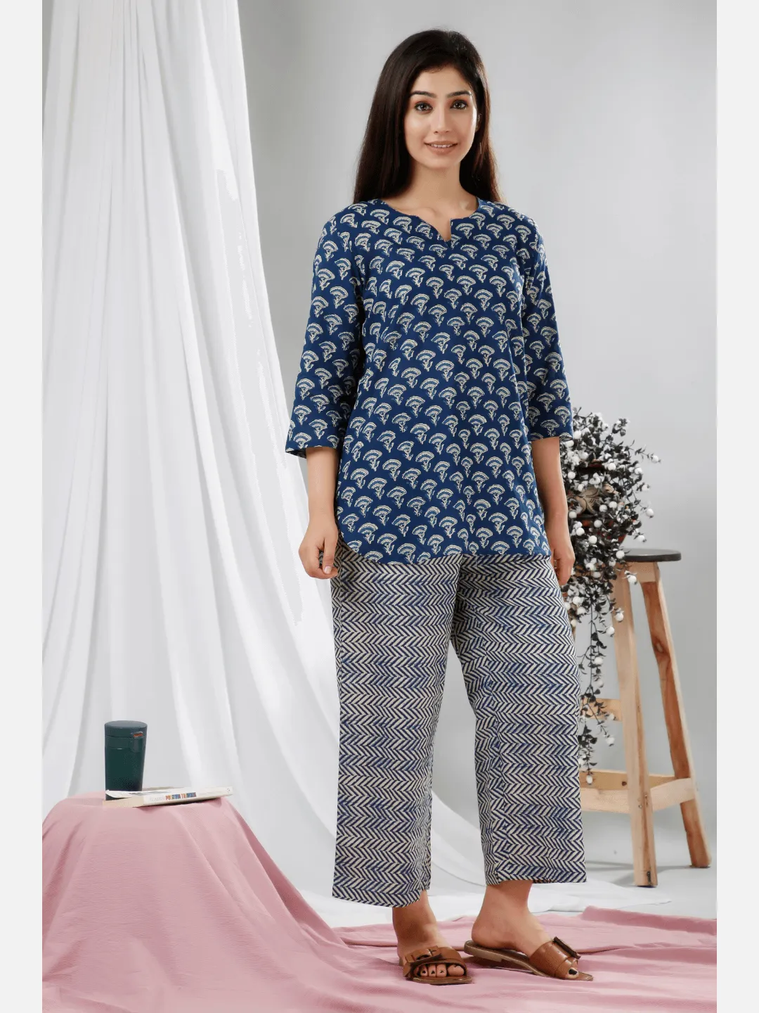 Blue Hand Block Printed Pure Cotton Lounge Wear