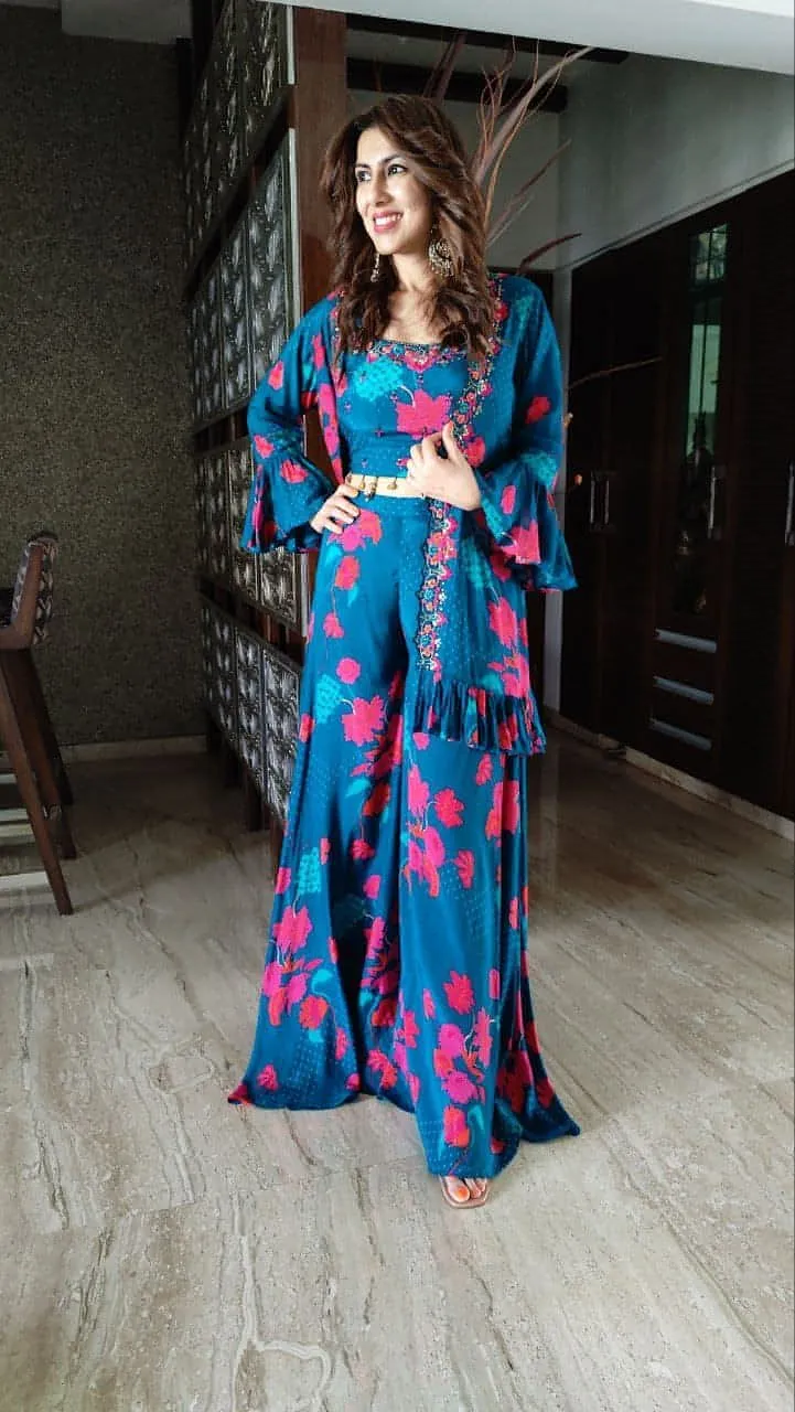 Blue Pink Embroidery 3 Piece Set- Pant, Jacket, Blouse