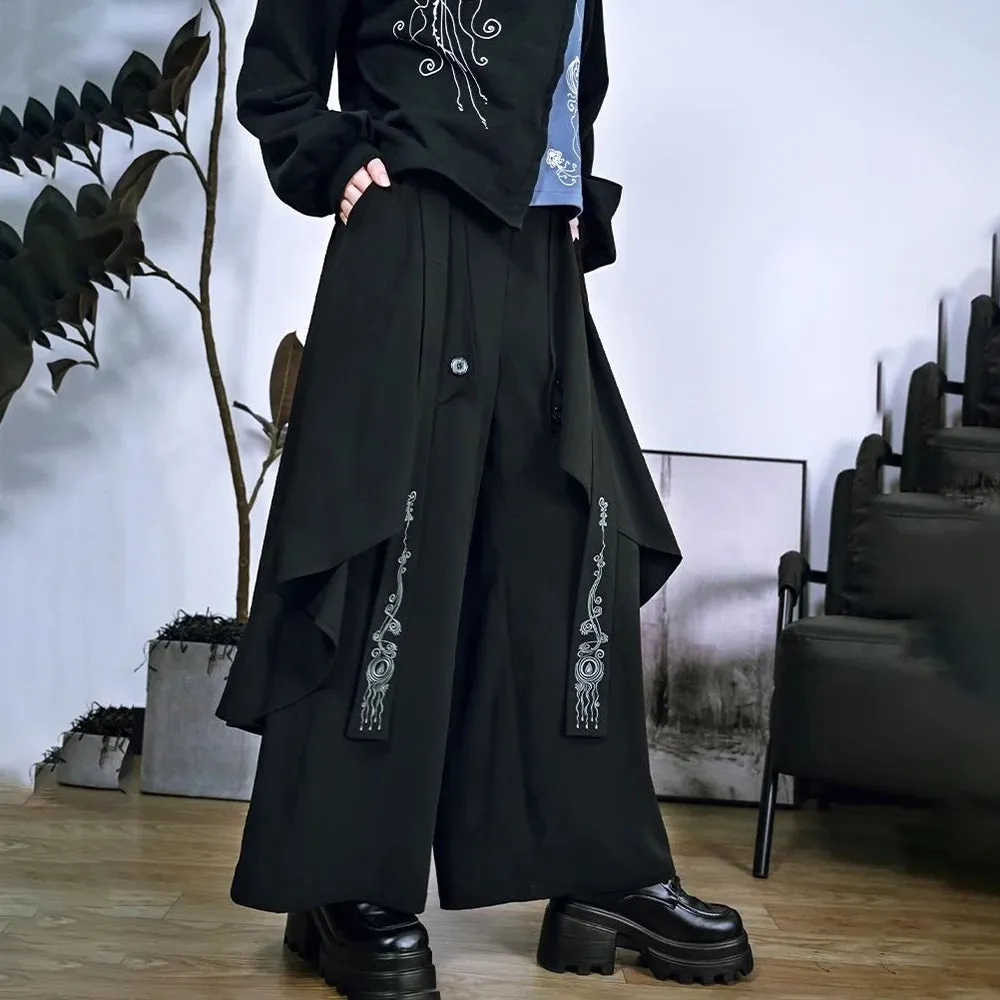 Bonsir Dark Gothic Embroidered Ribbon Layered Irregular Skirt Pants Genderless Streetwear Y2k Japanese Hakama Samurai Pants Unisex 2024