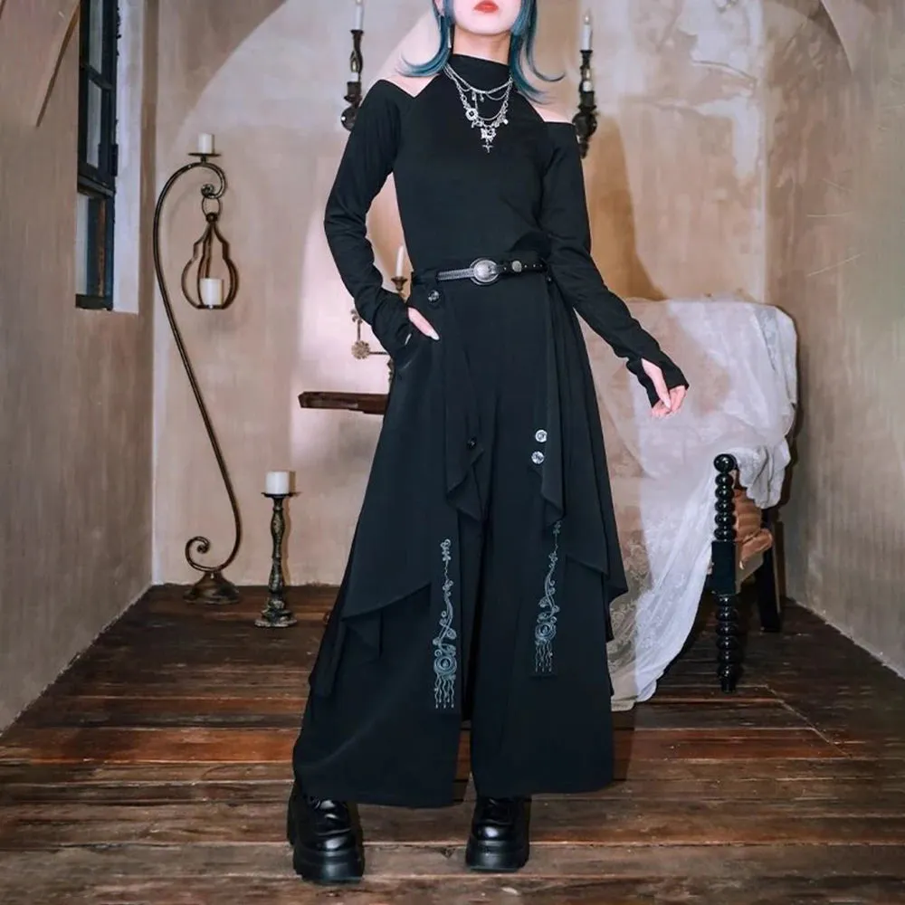 Bonsir Dark Gothic Embroidered Ribbon Layered Irregular Skirt Pants Genderless Streetwear Y2k Japanese Hakama Samurai Pants Unisex 2024