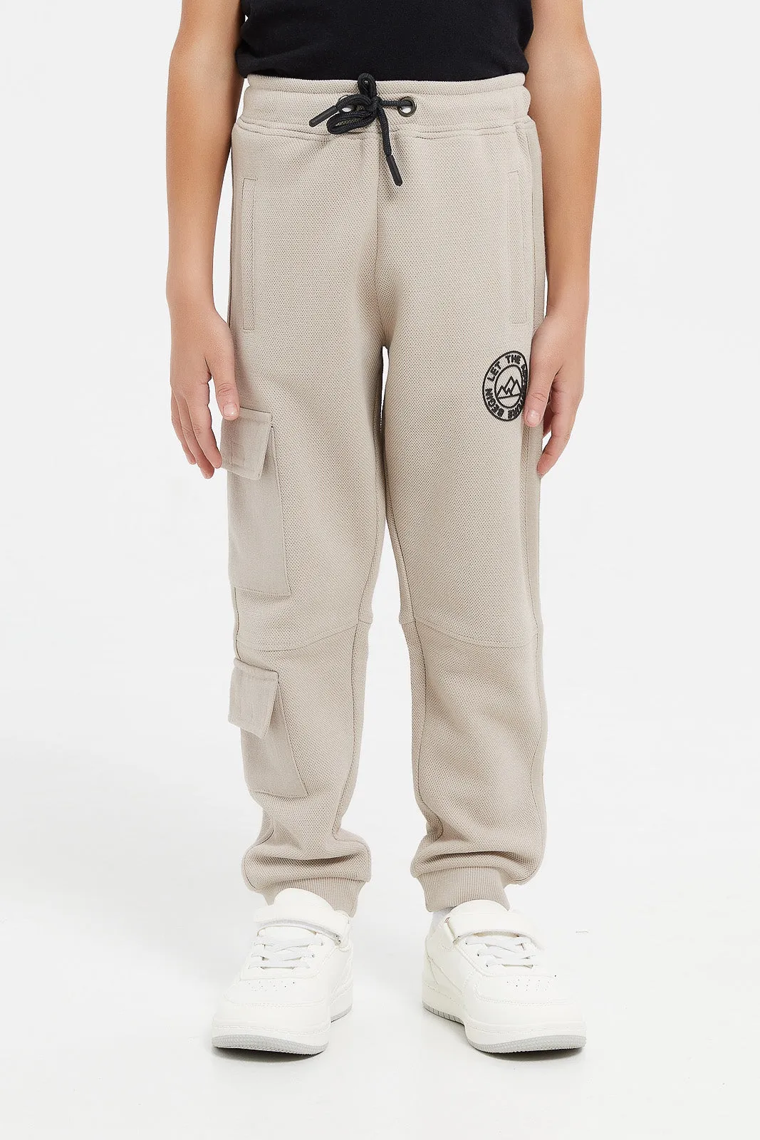 Boys Beige Jacquard Cargo Pocket Jogger Pant