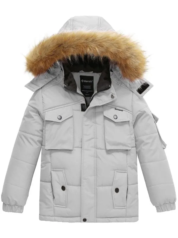 Boys Winter Parka Puffer Jacket with Removable Faux Fur Hood