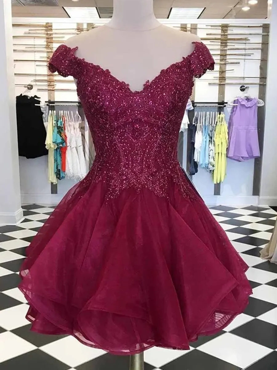 Burgundy Cap Sleeves Lace Short Prom Homecoming, Burgundy Lace Formal, Graduation, Burgundy Evening