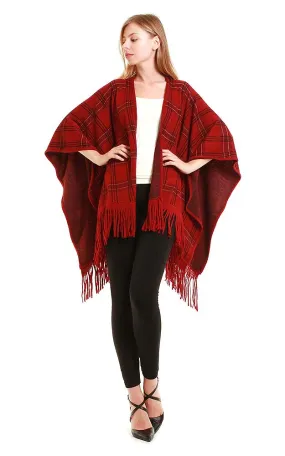 Burgundy Plaid Ruana With Fringe