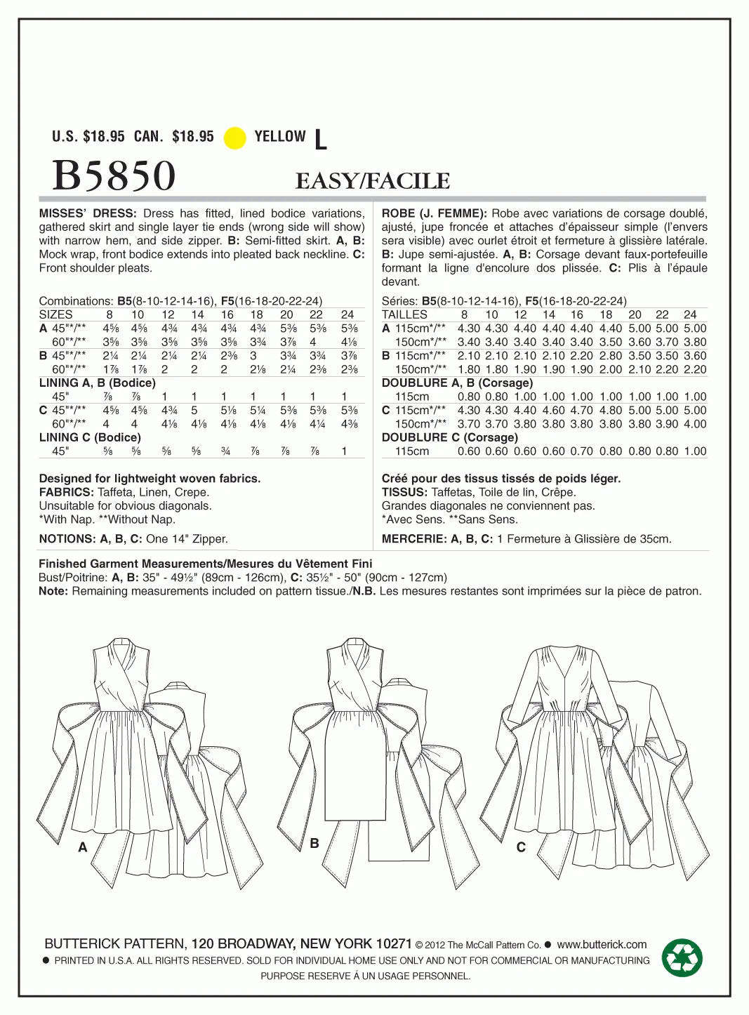 Butterick Pattern B5850 Misses' Dress