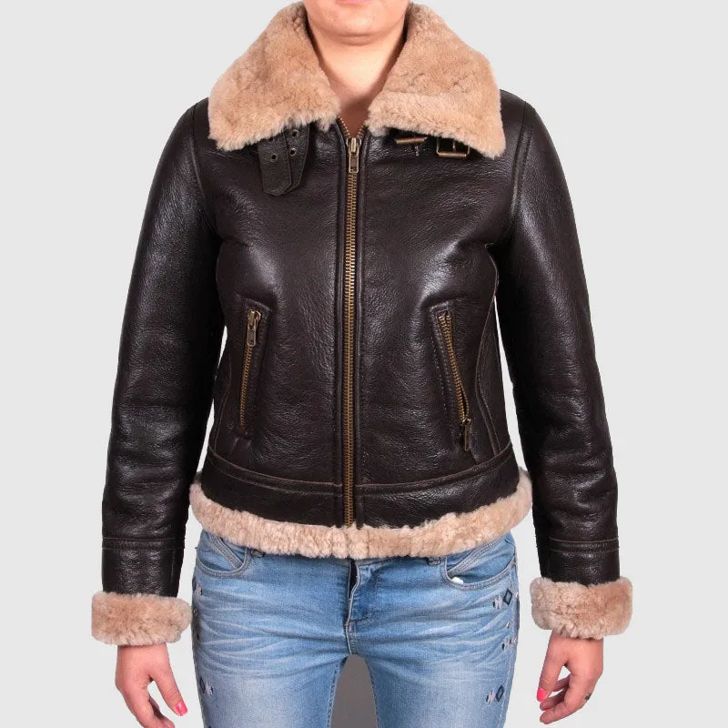 Buy Best Womens Black Merino Sheepskin Aviator Pilot Leather Jacket