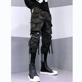 Camouflage Tactical Functional Cargo Pants Joggers Men Ribbons Multi-pocket Trousers Hip Hop Streetwear Harem Pant Black WB236