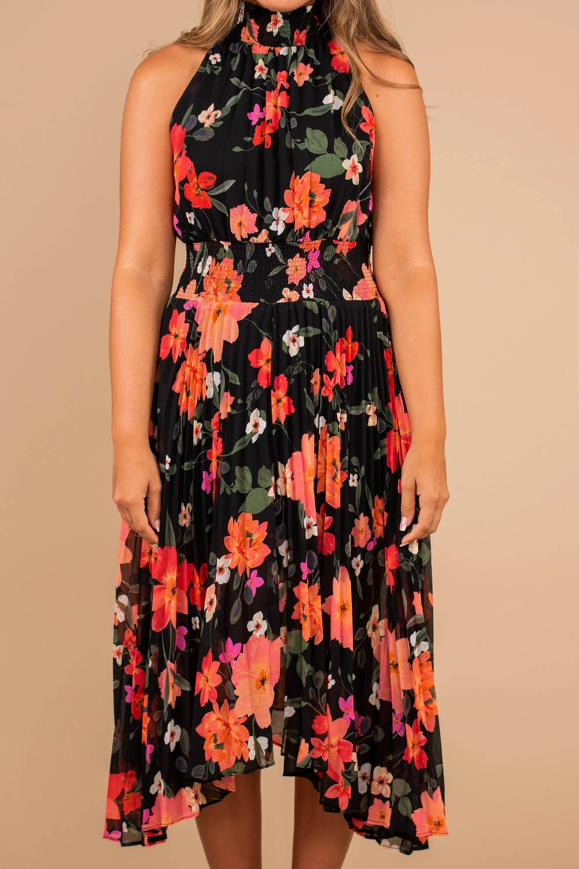 Can't Slow Down Black Floral Midi Dress