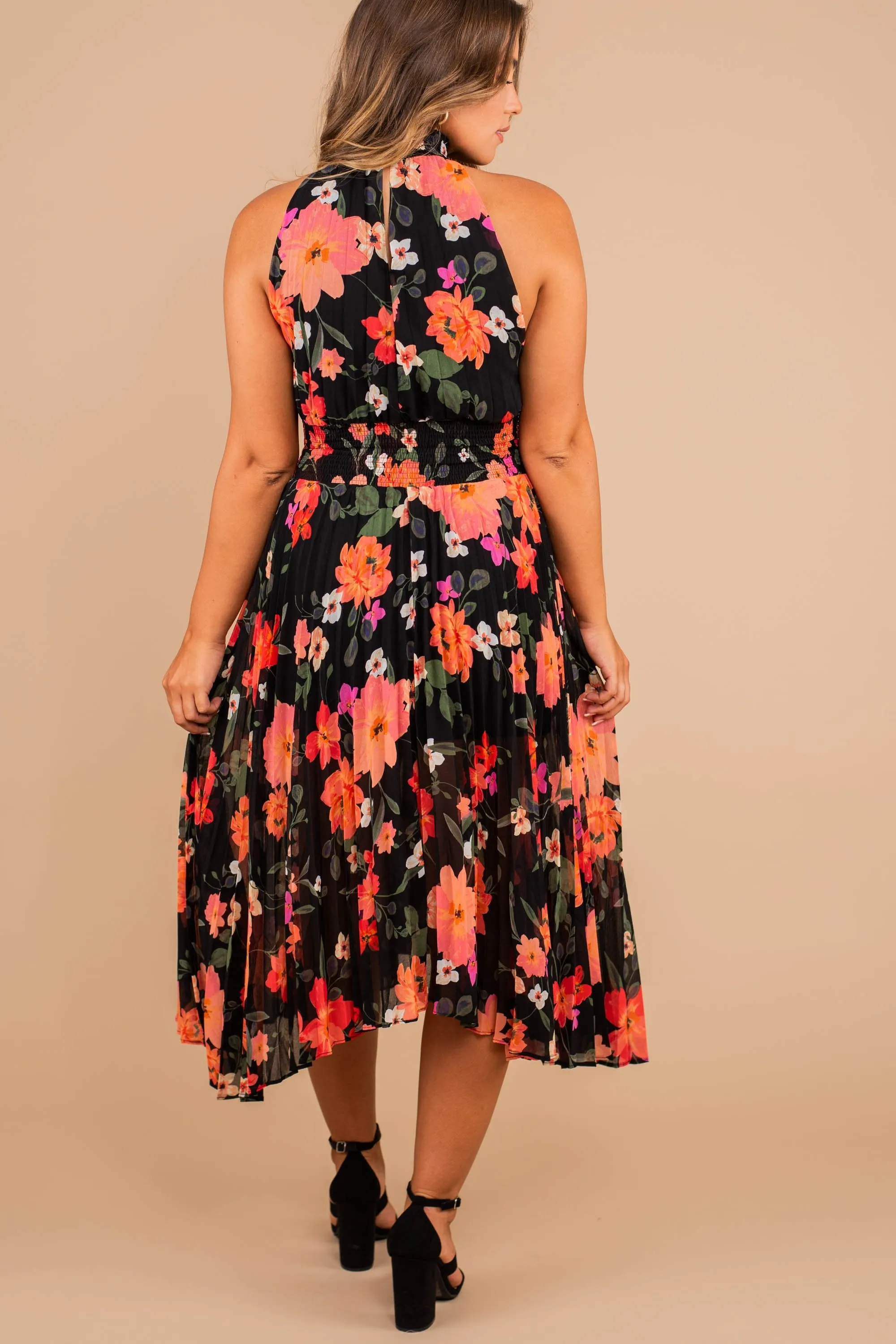 Can't Slow Down Black Floral Midi Dress