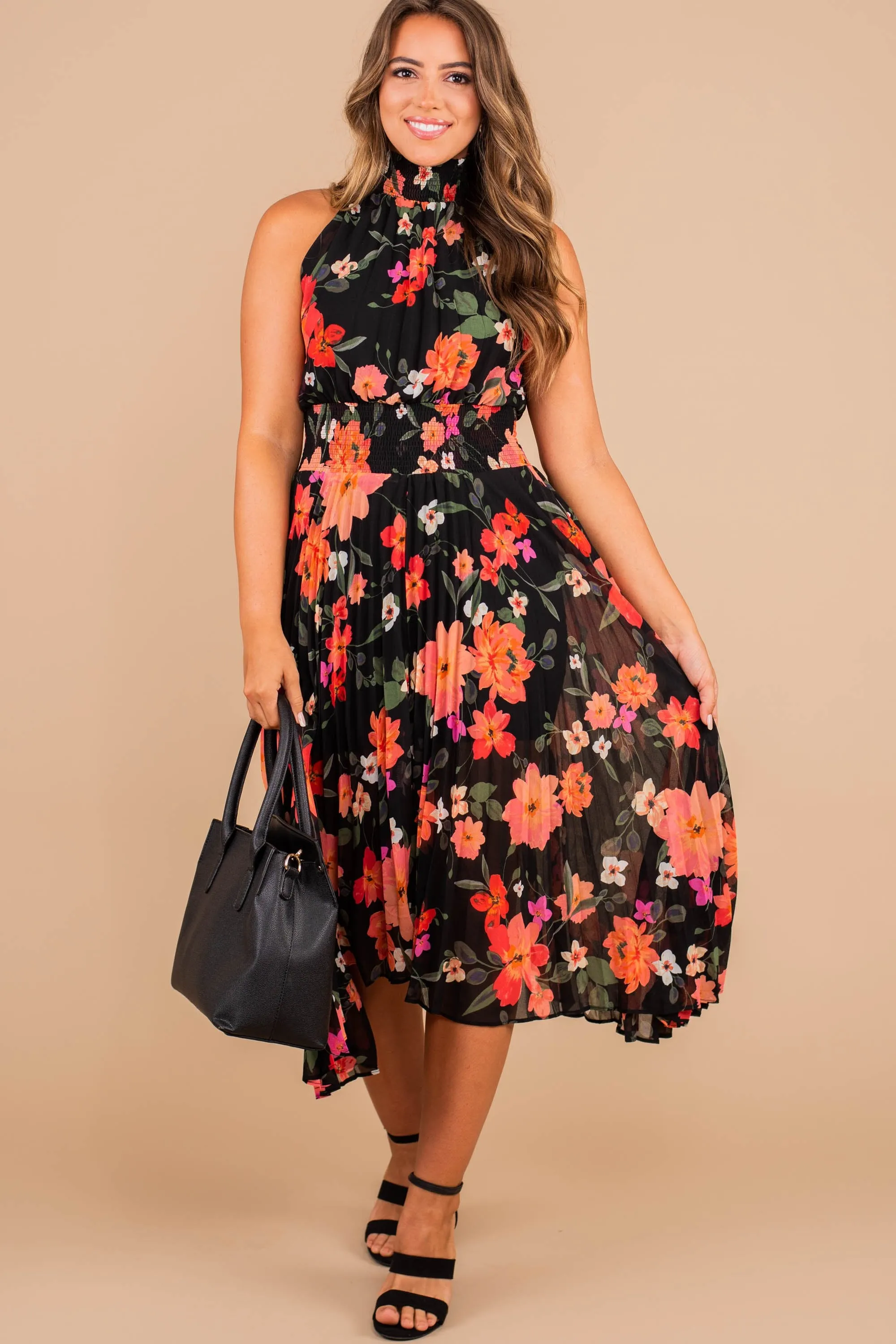 Can't Slow Down Black Floral Midi Dress