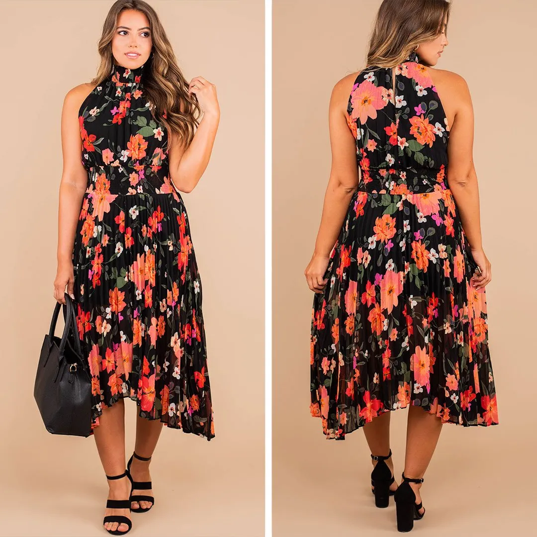 Can't Slow Down Black Floral Midi Dress