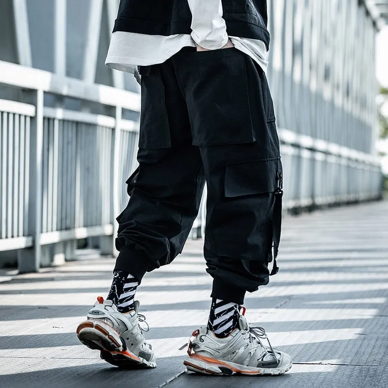 Cargo Pants Men Hip Hop Tactics Joggers Trousers Elastic Waist Ribbon Fahsion Harajuku Streetwear Pant Male WB579