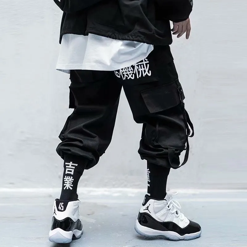 Cargo Pants Men Hip Hop Tactics Joggers Trousers Elastic Waist Ribbon Fashion Harajuku Streetwear Pant Male WX001