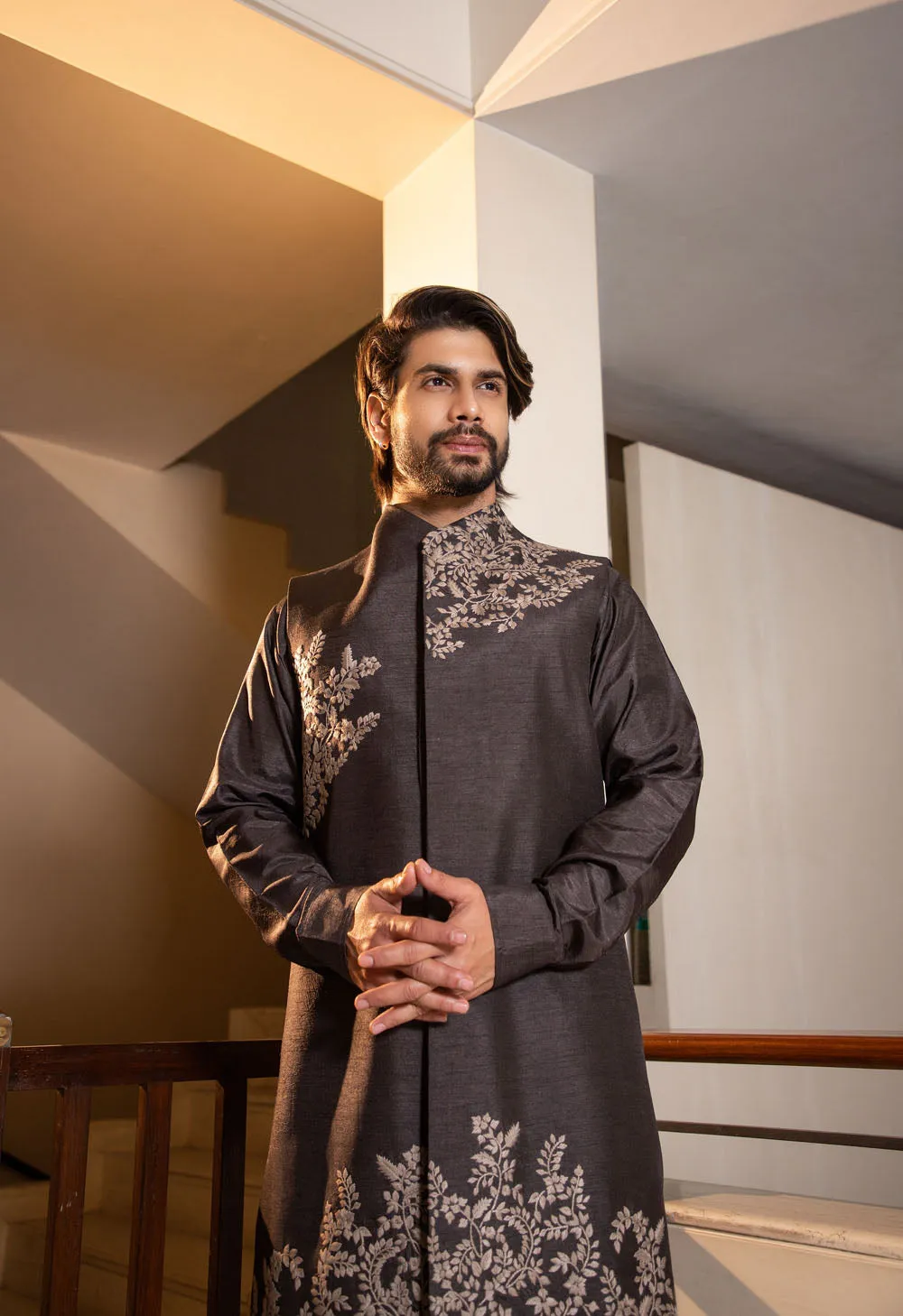 Charcoal Grey Long Jacket Kurta