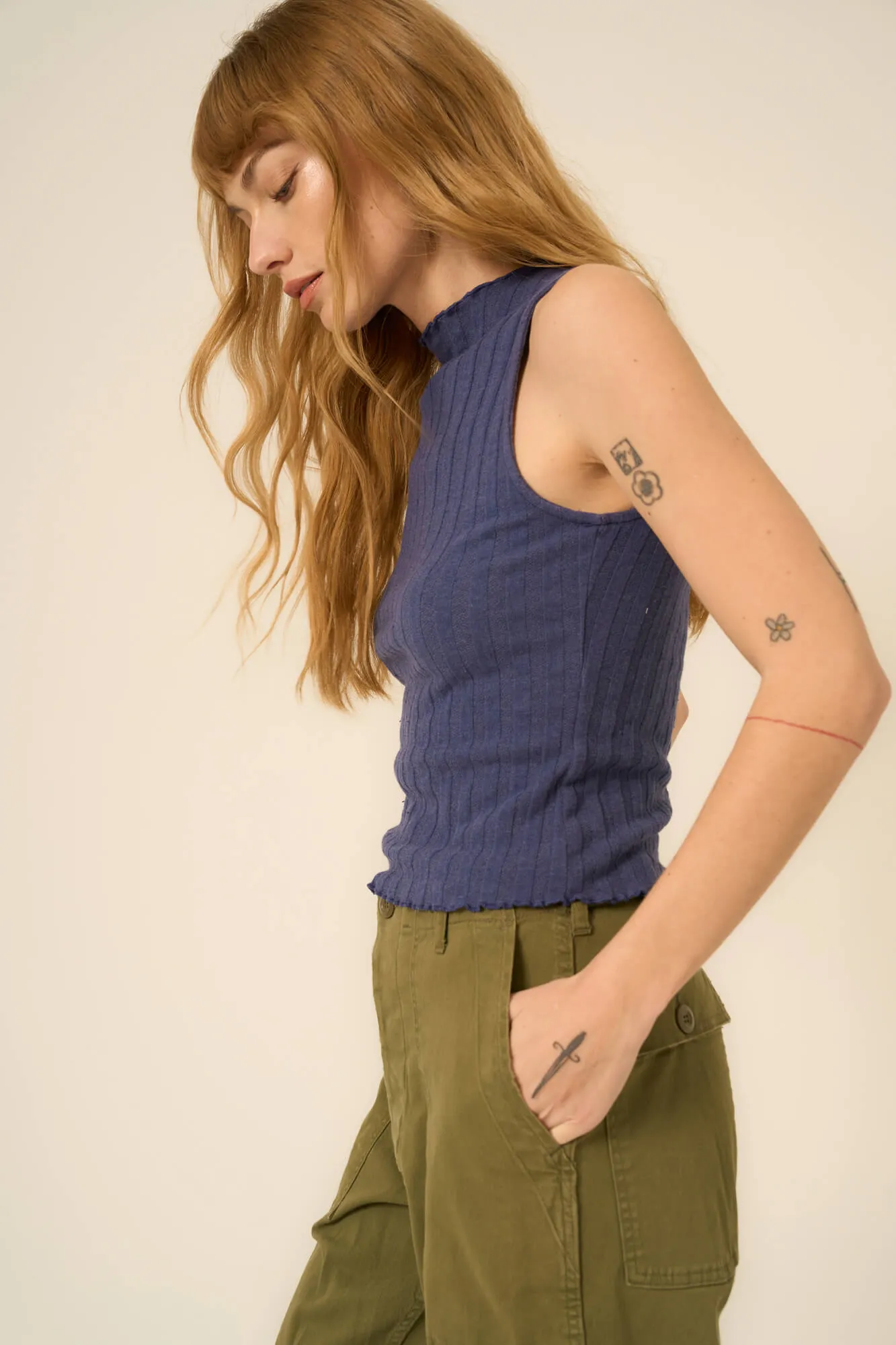 Chasing You Funnel Neck Rib Tank - Rich Indigo