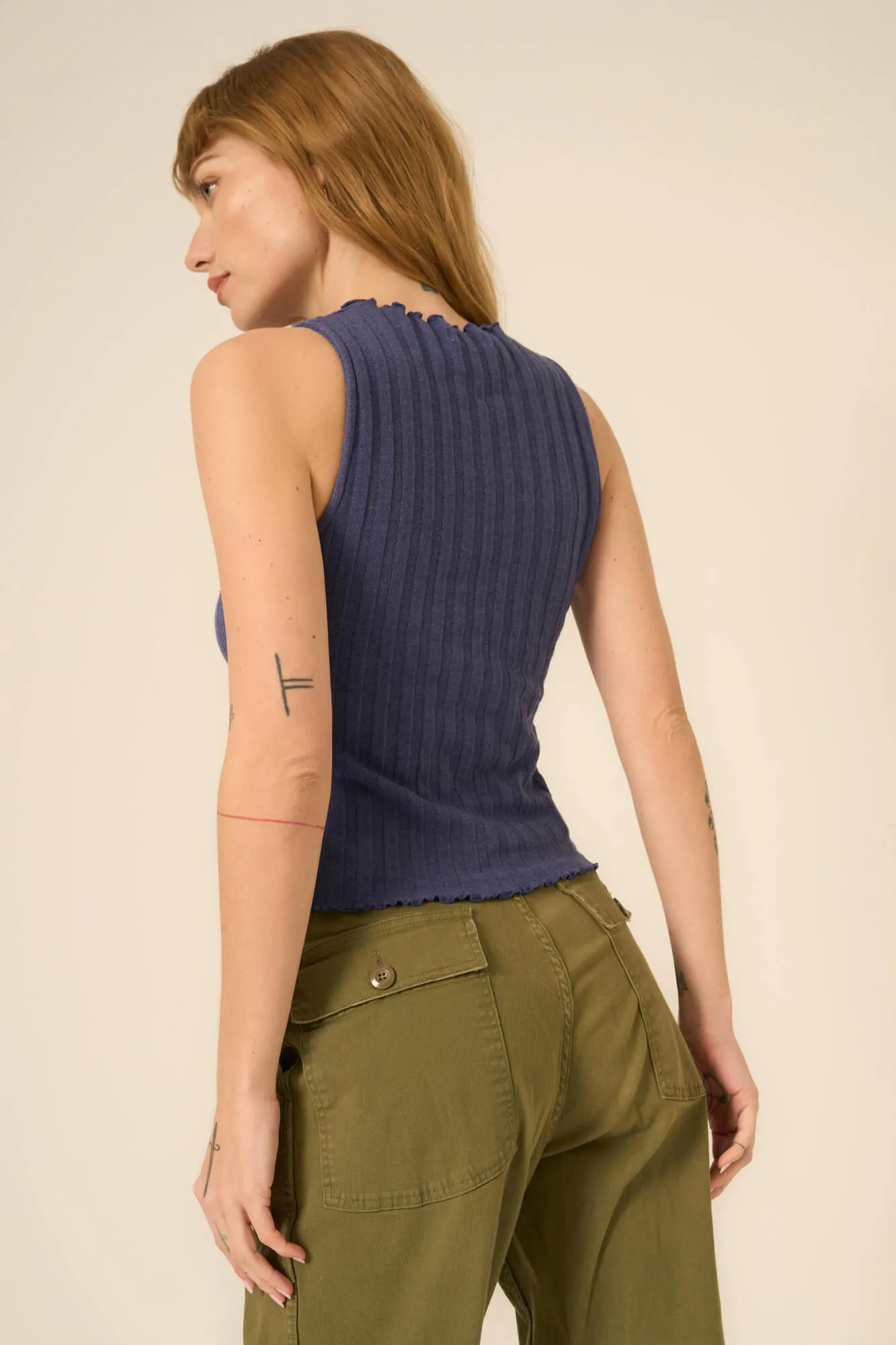 Chasing You Funnel Neck Rib Tank - Rich Indigo