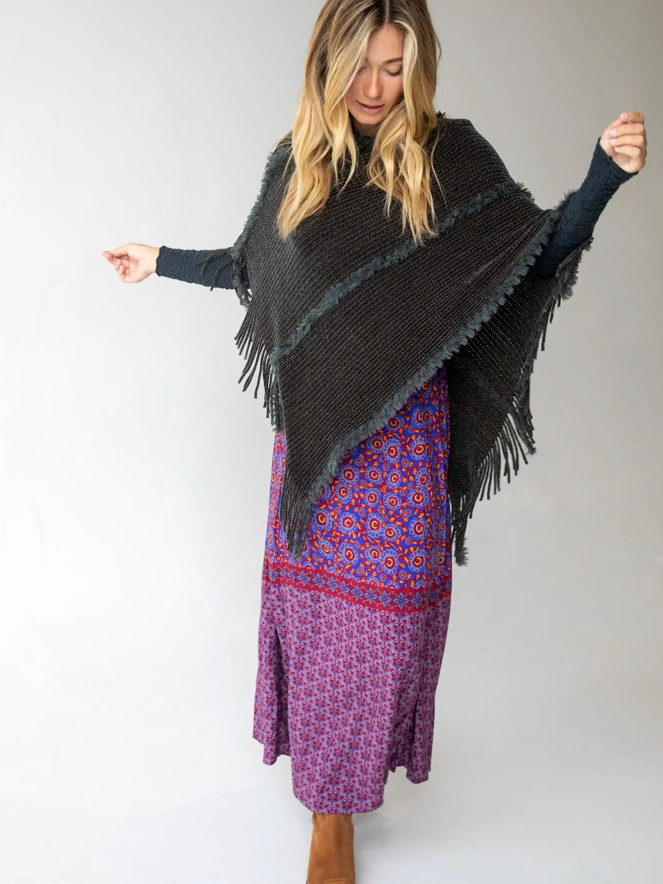 Chenille Poncho Scarf - Charcoal