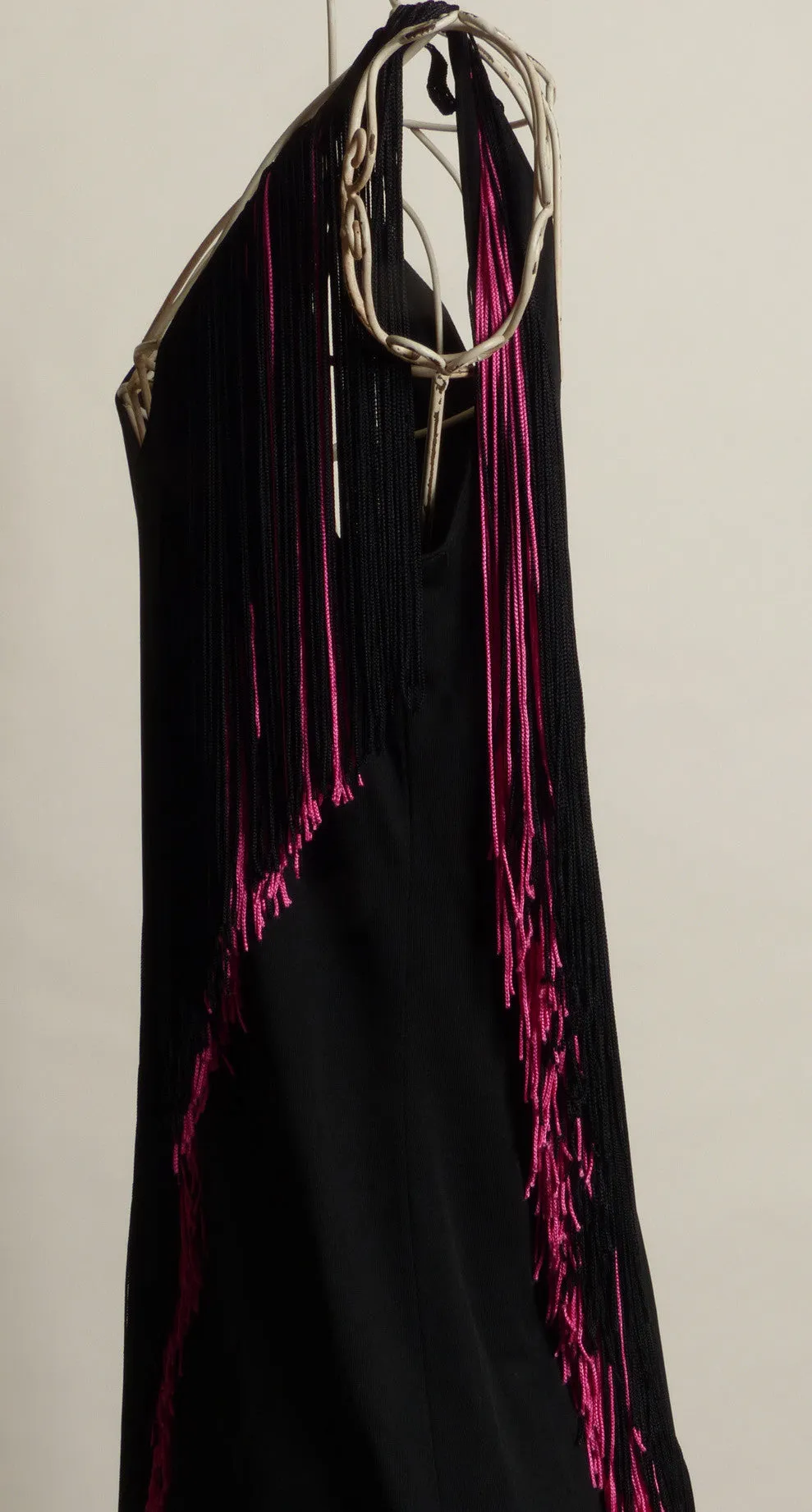 Circa 1970s/1980s Lilli Diamond of California Black and Pink Fringed Dress