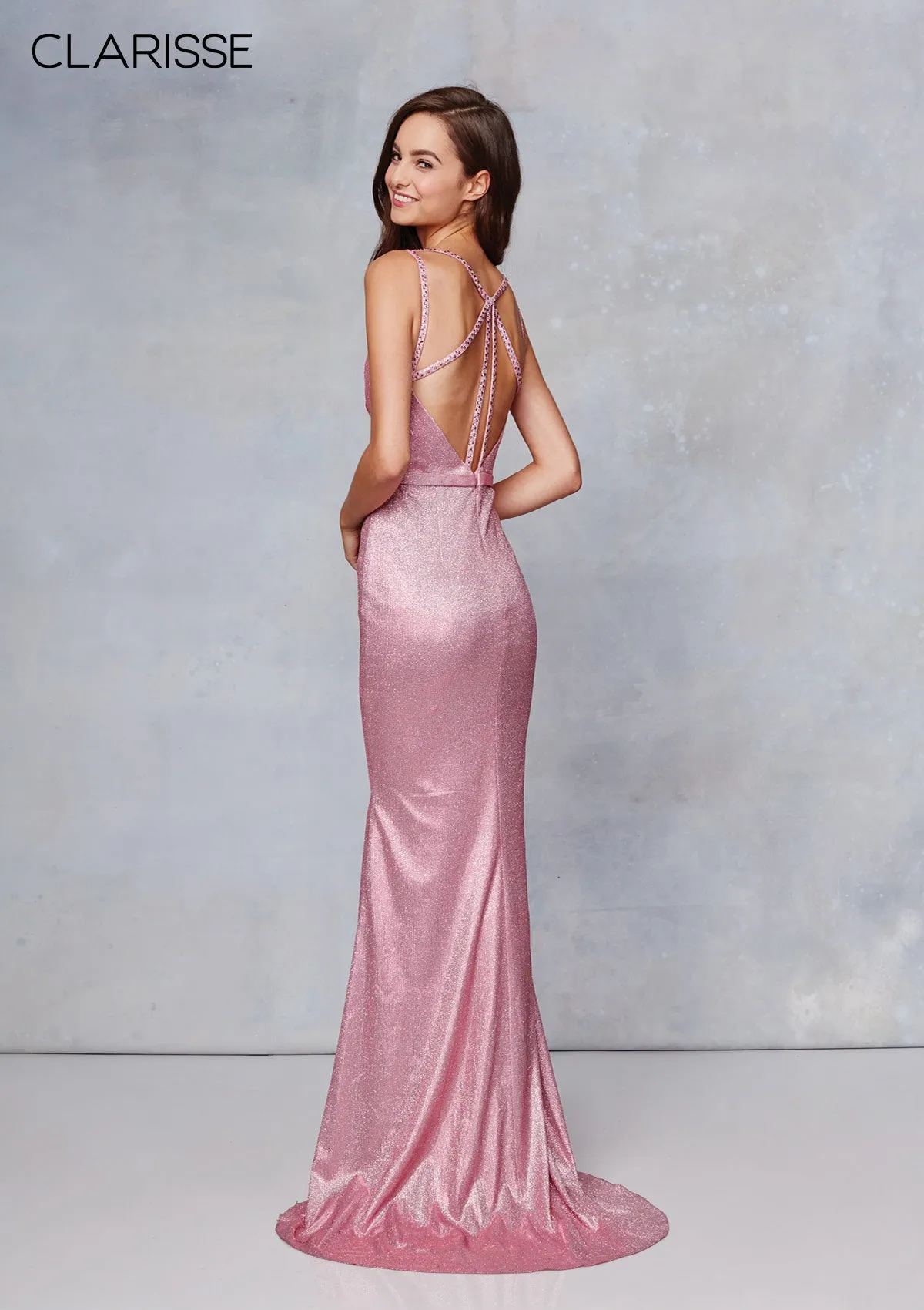 CLARISSE 3766 Champagne V-Neck Dress with High Slit