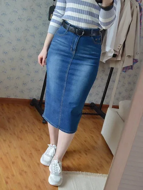 Classic Denim Skirt Women Long Jean Skirt High Waist Pencil Skirt