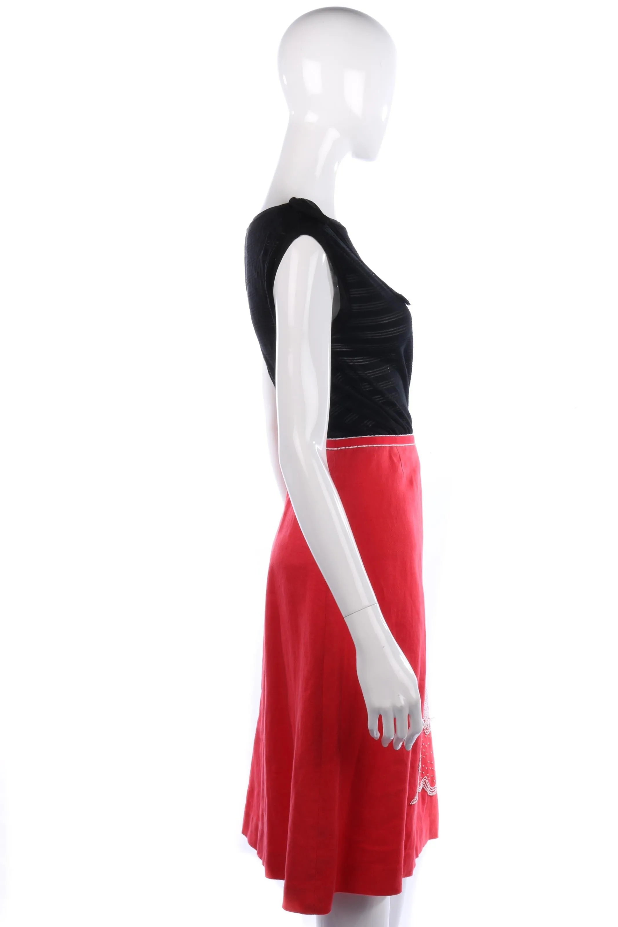 Coast Red Linen Skirt with White Bead Embroiderey Detail Size 12