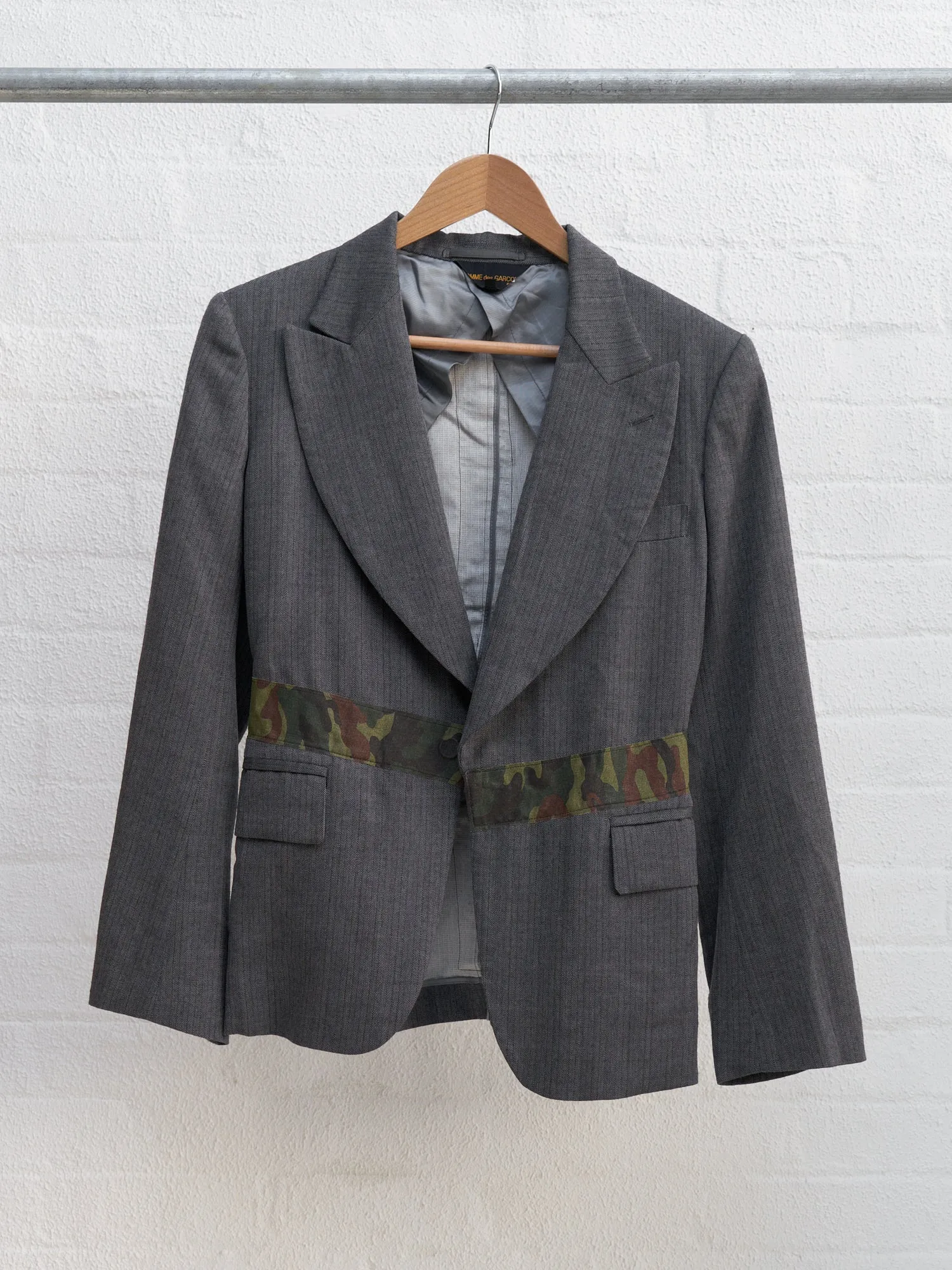 Comme des Garcons SS2001 grey wool camo tape skirt suit - womens M