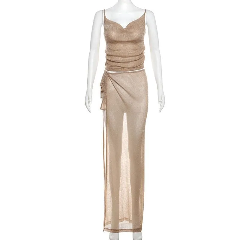 Cowl neck metallic high slit cami maxi skirt set