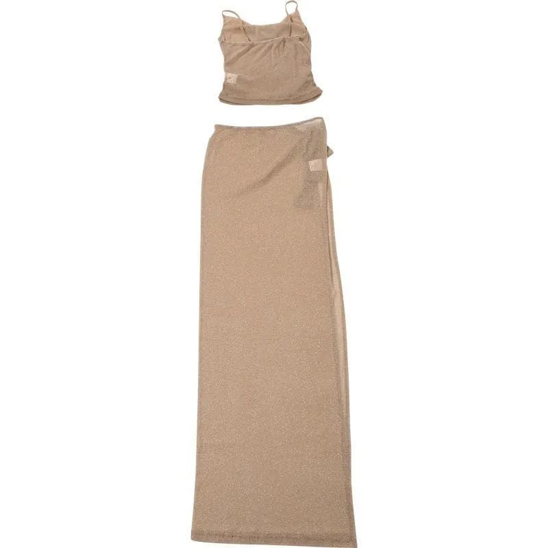 Cowl neck metallic high slit cami maxi skirt set