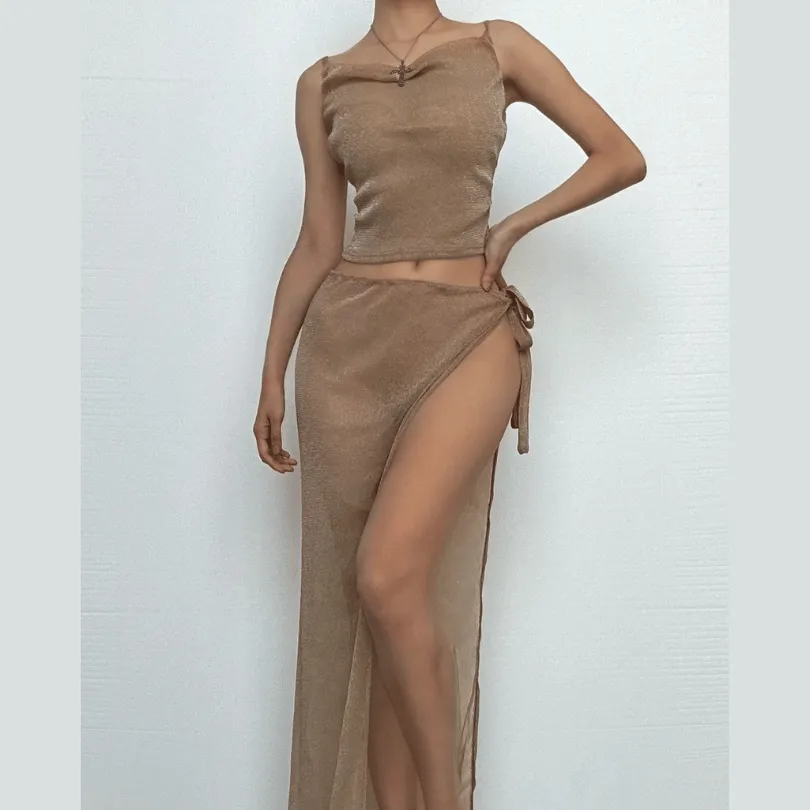 Cowl neck metallic high slit cami maxi skirt set