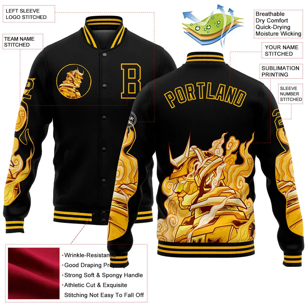 Custom Black Gold Courage Samurai 3D Pattern Design Bomber Full-Snap Varsity Letterman Jacket