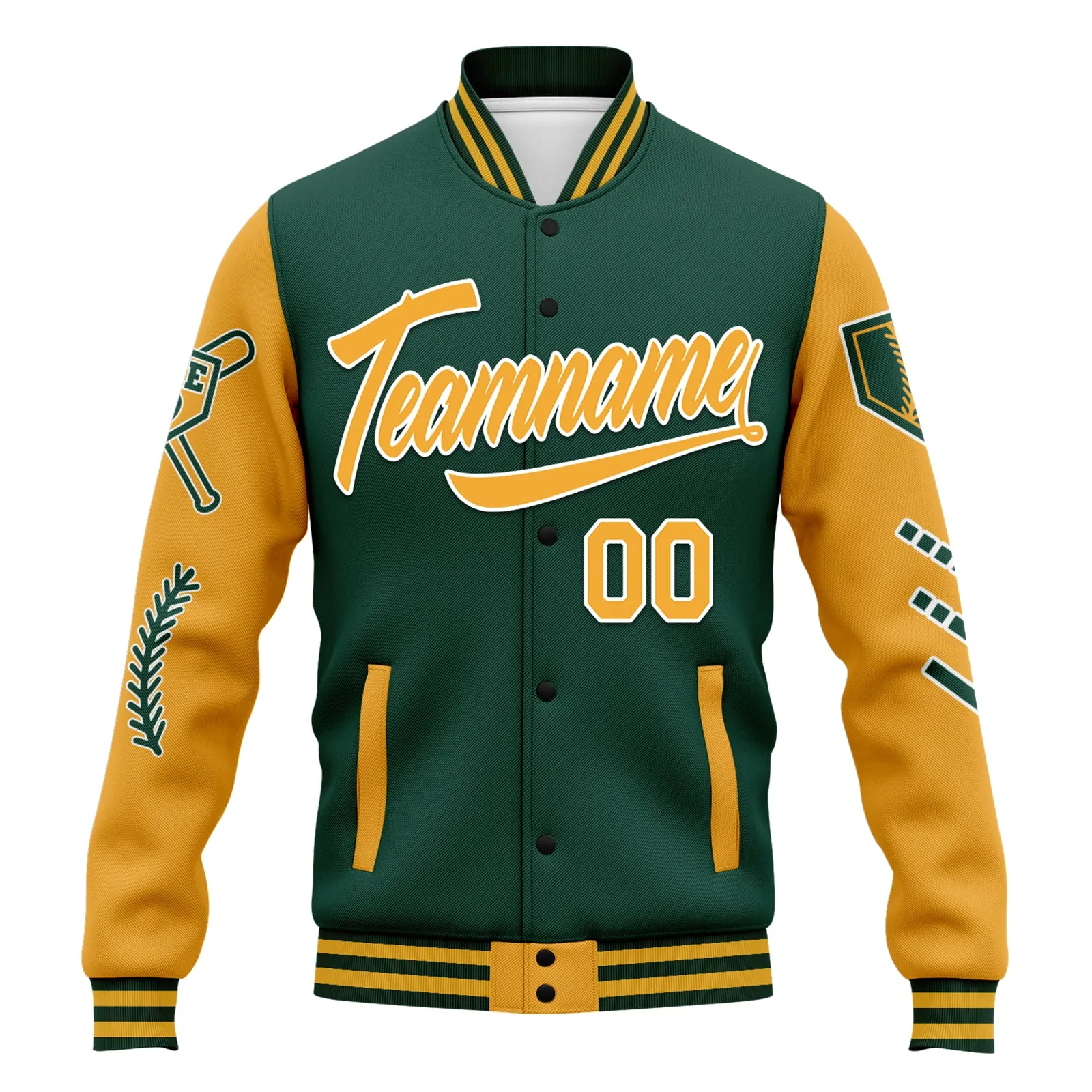 Custom Green Yellow Raglan Sleeves Jacket Bomber Full-Snap Varsity Letterman Personalized Jacket FZ005-D023002-9