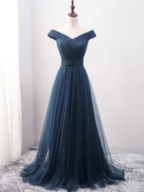 Custom Made Off Shoulder Tulle Navy Blue Long Prom, Navy Blue Formal, Evening