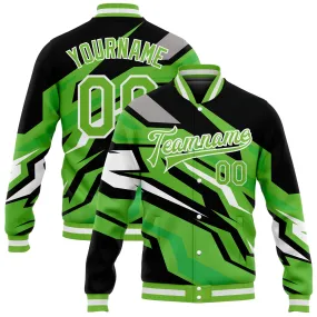 Custom Neon Green Neon Green Black-Gray 3D Pattern Design Bomber Full-Snap Varsity Letterman Jacket