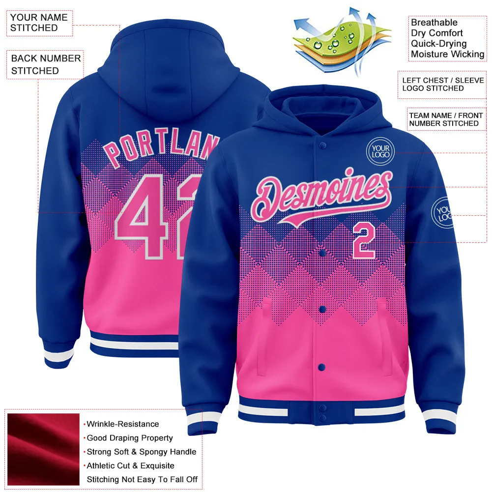 Custom Royal Pink-White Gradient Square Shape 3D Pattern Design Bomber Full-Snap Varsity Letterman Hoodie Jacket