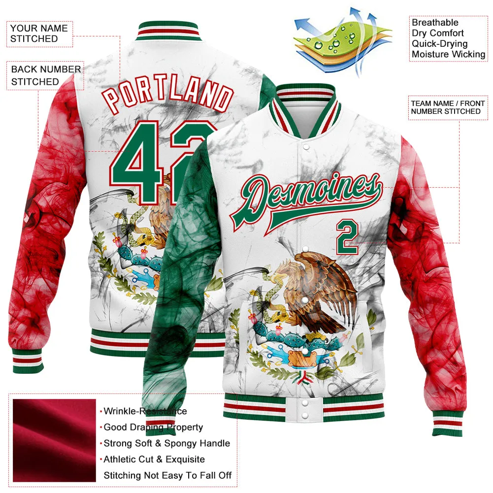 Custom White Kelly Green-Red Mexico 3D Bomber Full-Snap Varsity Letterman Jacket