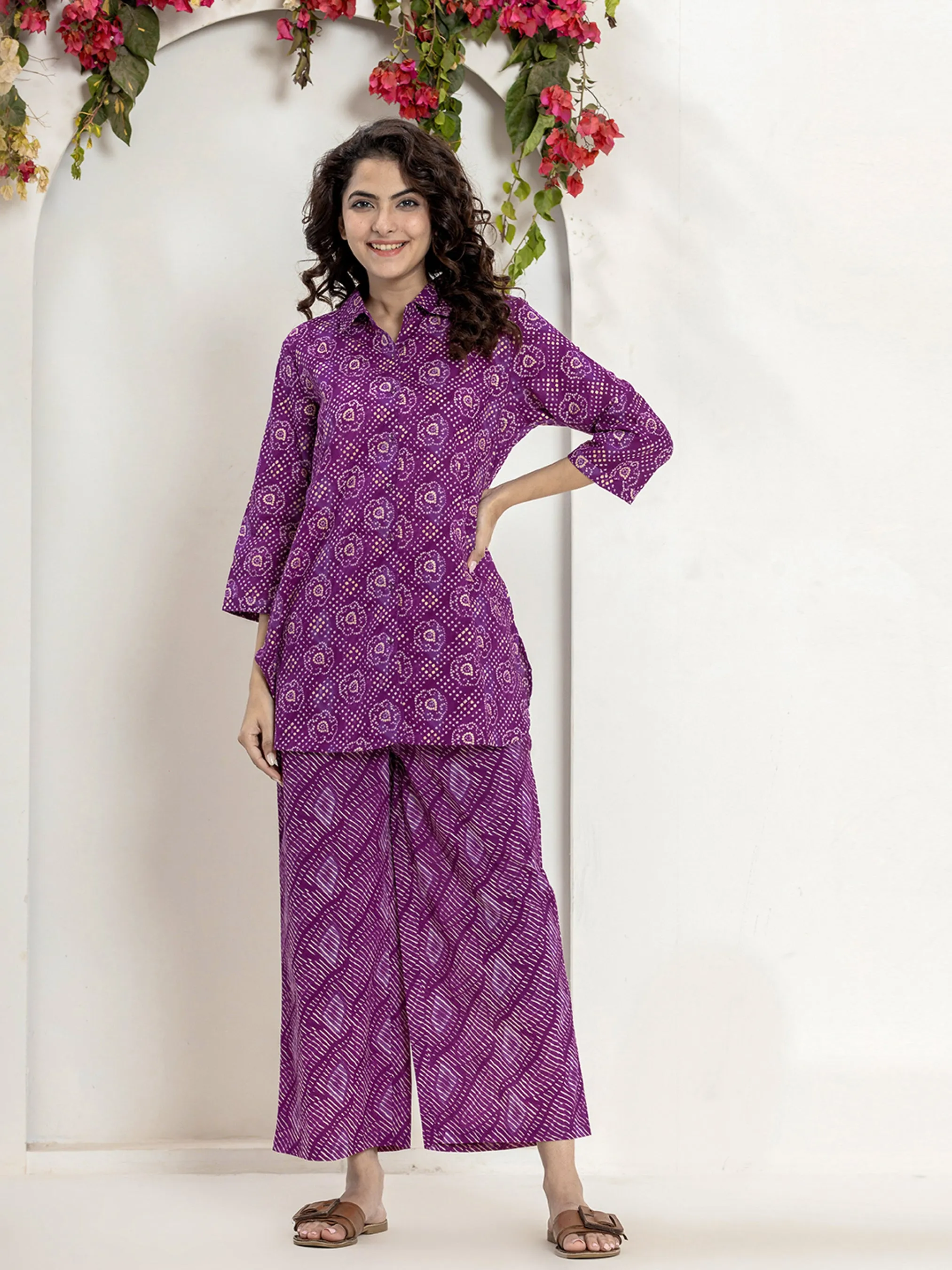 Dark Purple leheriya Jaal Collared Pure Cotton Hand Printed Loungewear