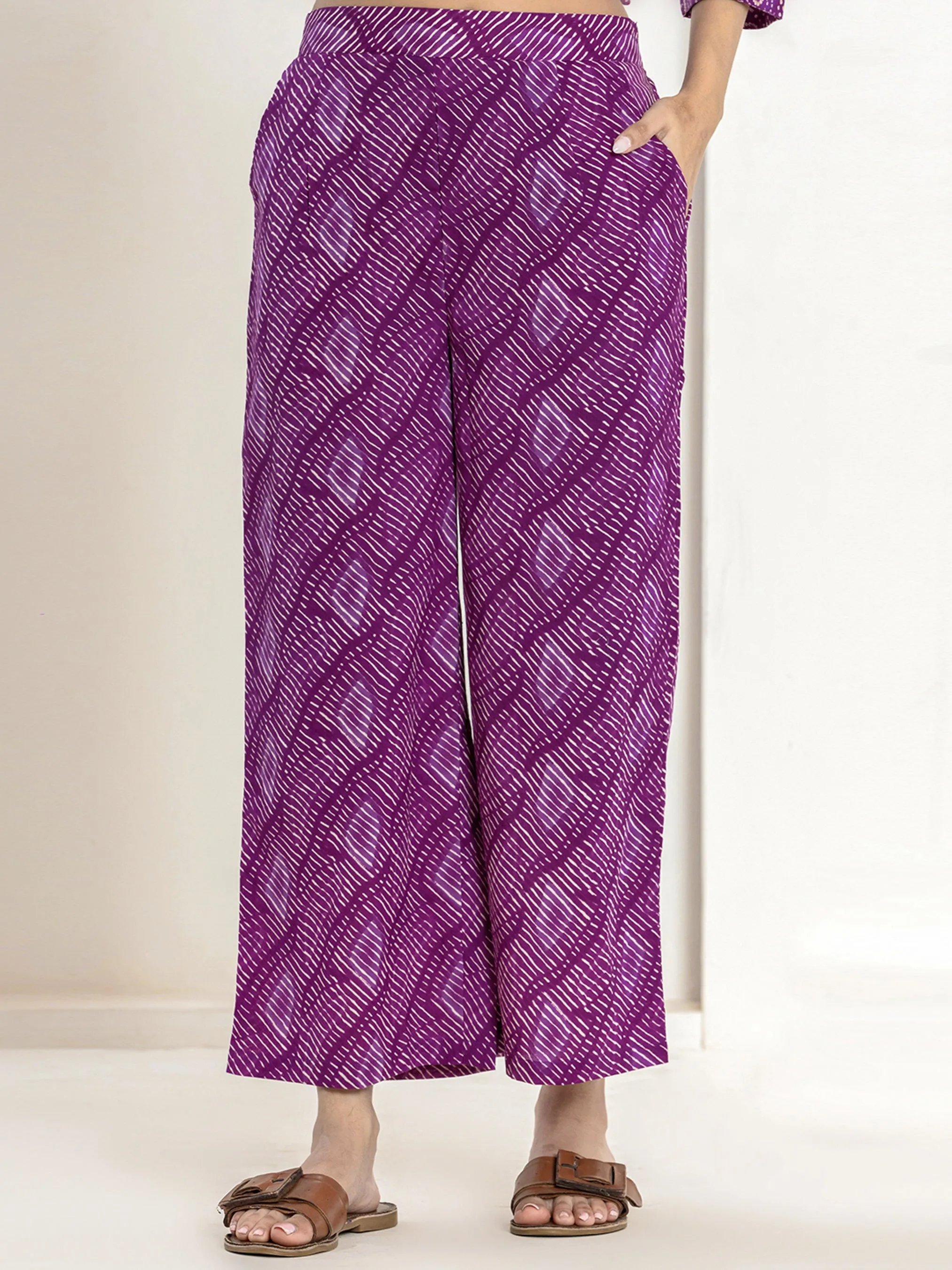 Dark Purple leheriya Jaal Collared Pure Cotton Hand Printed Loungewear