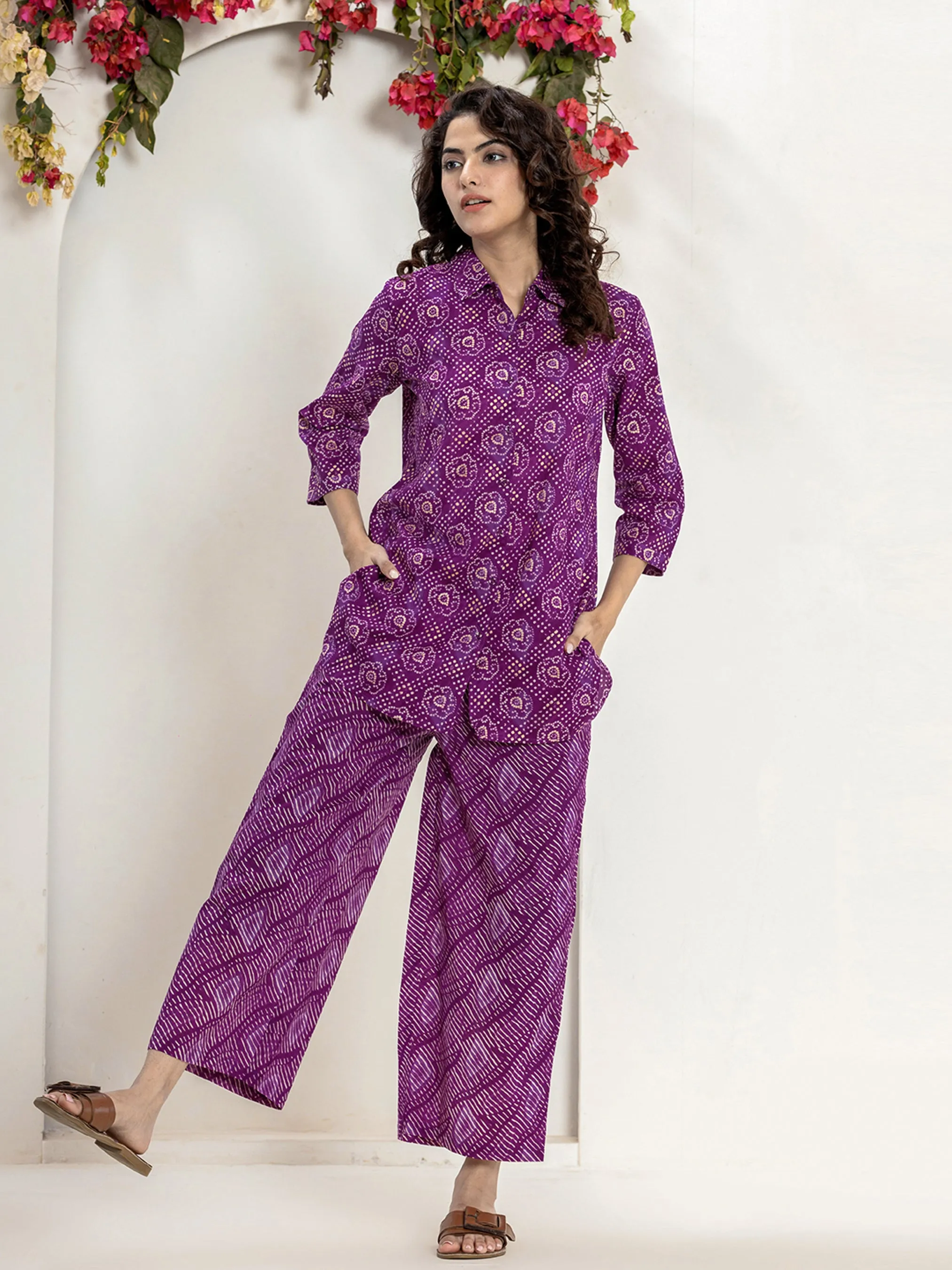 Dark Purple leheriya Jaal Collared Pure Cotton Hand Printed Loungewear