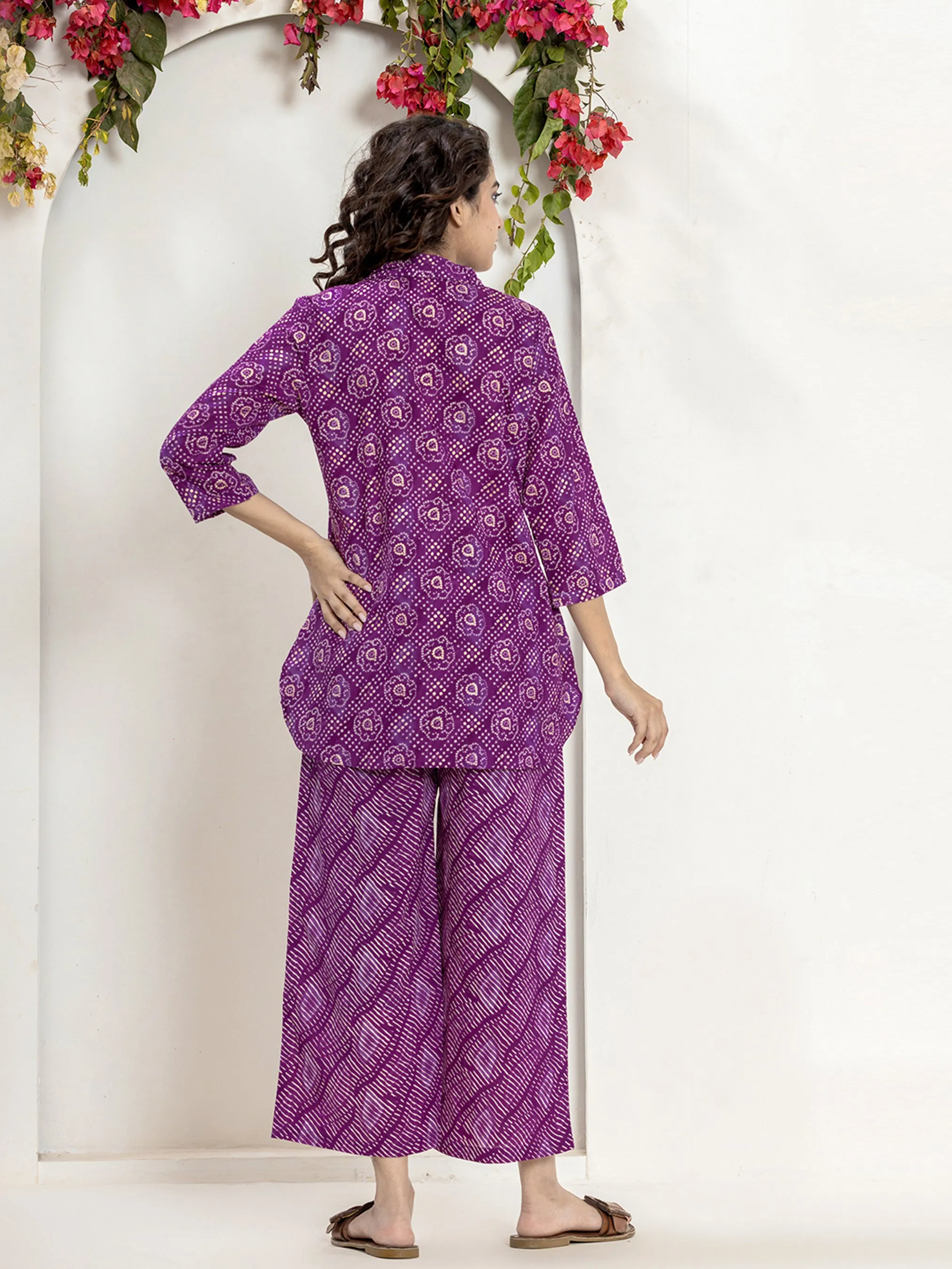 Dark Purple leheriya Jaal Collared Pure Cotton Hand Printed Loungewear