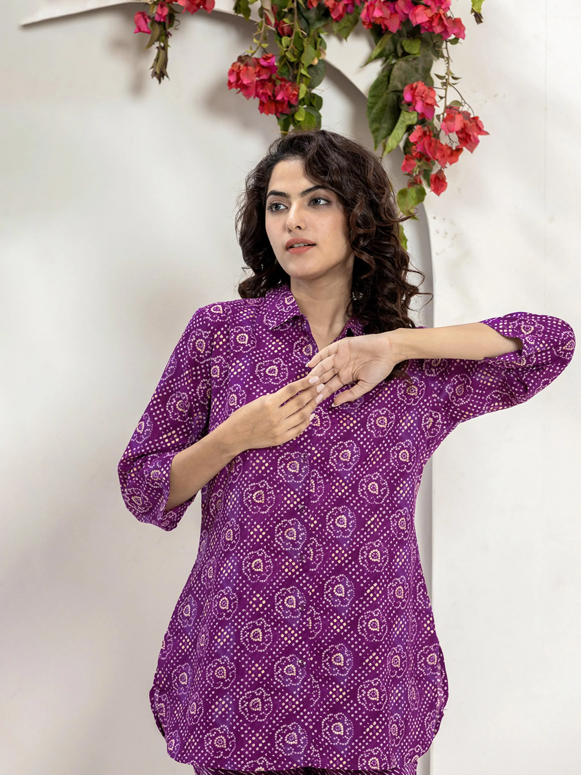 Dark Purple leheriya Jaal Collared Pure Cotton Hand Printed Loungewear