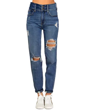 Deep Blue Rolled-up Hem Distressed Denim Jeans