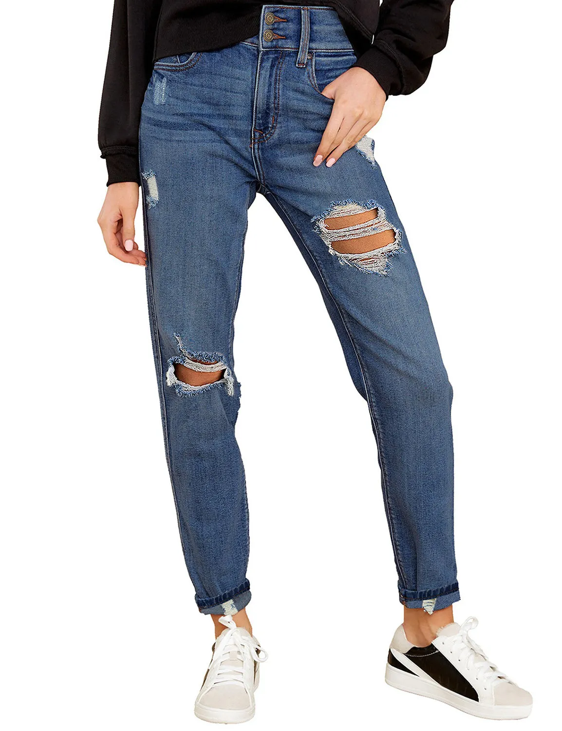 Deep Blue Rolled-up Hem Distressed Denim Jeans