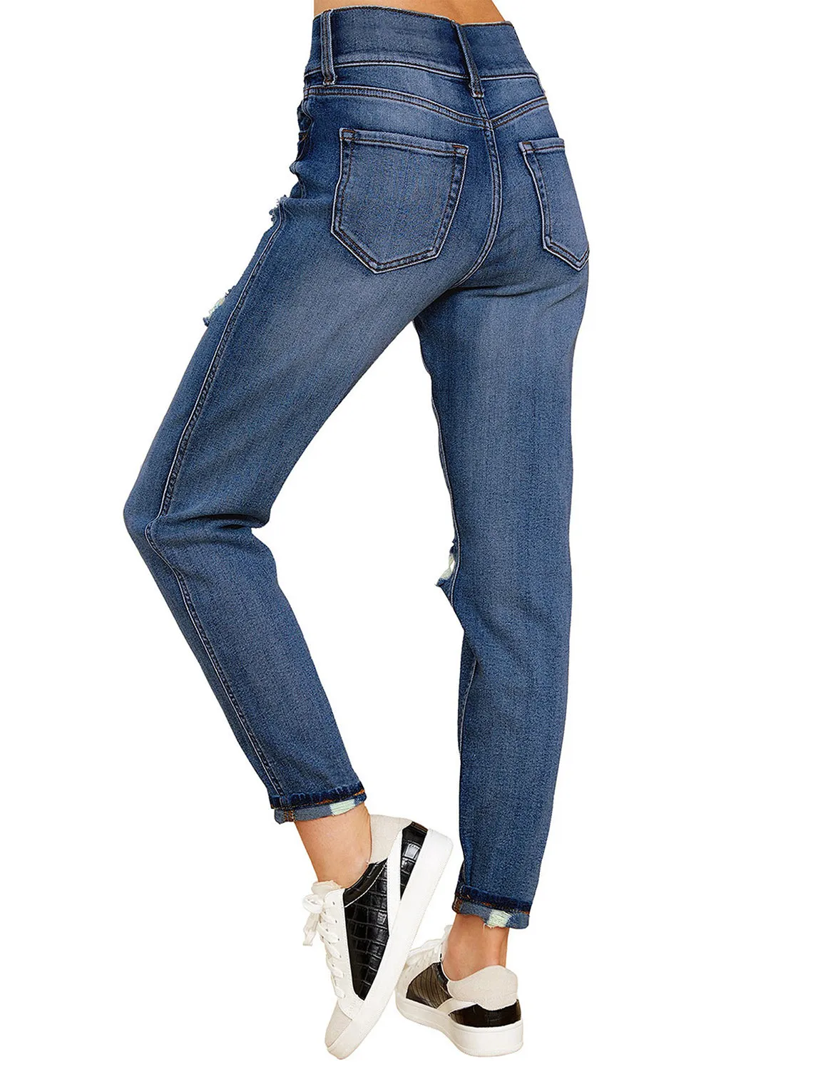 Deep Blue Rolled-up Hem Distressed Denim Jeans